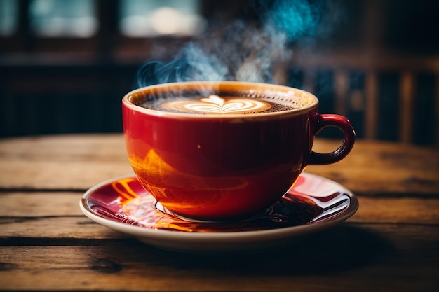 Foto close-up koffiekopje op houten tafel stijgende stoom