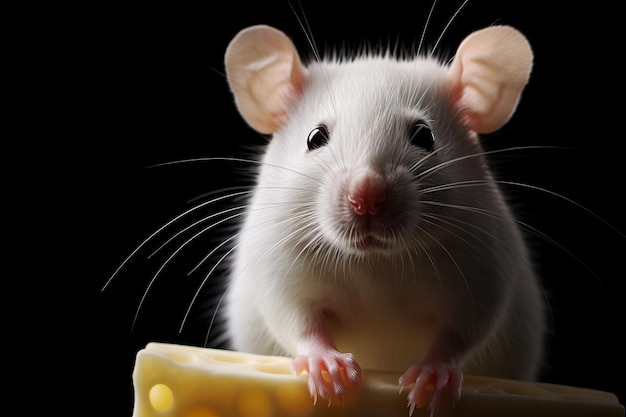 Close-up kopie ruimte witte tamme rat of muis met kaas AI gegenereerd