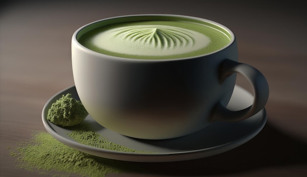 Foto close-up kopje groene thee matcha latte in witte kop met poeder latte art hete groene thee