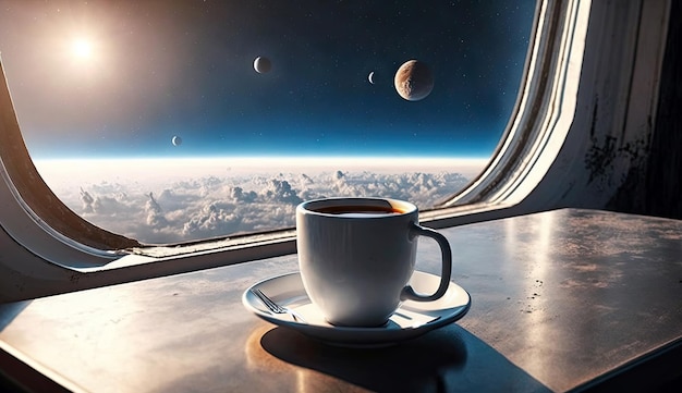 Close-up kopje warme koffie op tafel in ruimteschip met galaxy space star planet view Generative Ai