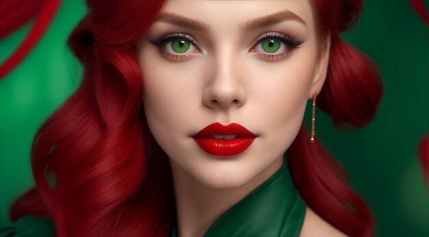Close-up korte aantrekkelijke jonge mooie meisje rode lippen haar groene ogen AI generatief