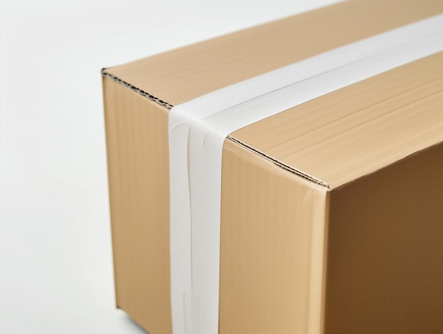 Close up of kraft box brown cardboard with blank white adhesive tape mockup