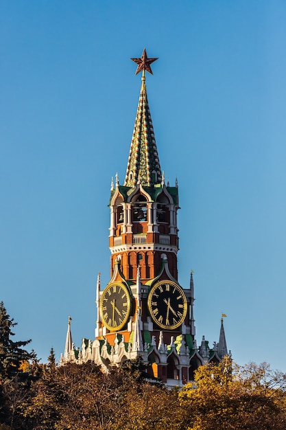 화창한 날에 모스크바의 크렘린 시계의 근접.