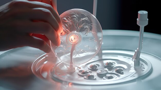 Close-up kunstmatige inseminatie van een menselijk ei Digitale illustratie Kunstzinnige kartering van de IVF-procedure