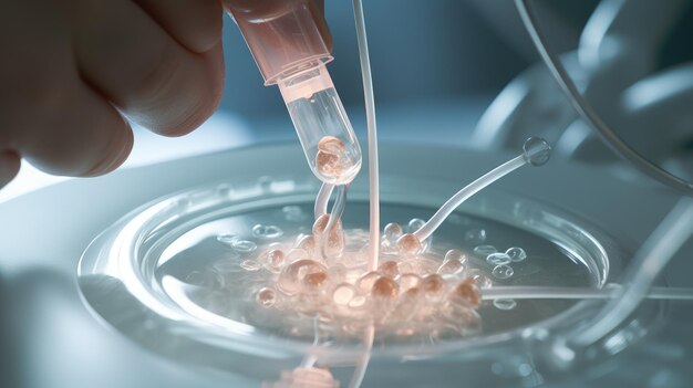 Close-up kunstmatige inseminatie van een menselijk ei Digitale illustratie Kunstzinnige kartering van de IVF-procedure