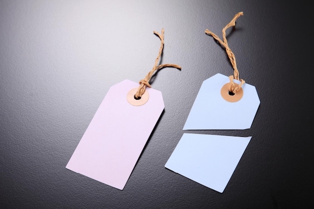 Close-up of labels over gray background