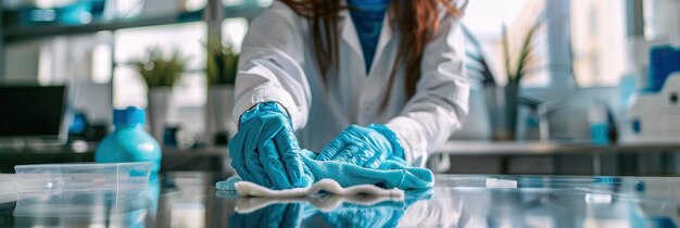 Photo close up of a lady in blue gloves using chemicals and a blue cloth to clean a table in an office