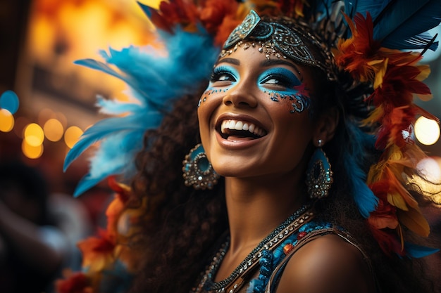 close up of lady dancer and excited revellers at the annual carnival road march in the city with a colourful pink and yellow costume