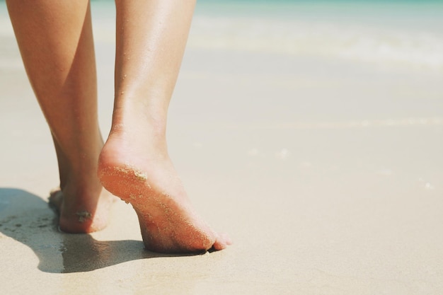 Close up of a lady woman's bare feet walking and footprint at wet on the beach Vacation on ocean beach foot on sea sand Leave empty copy space Enter the text Shadow from the sun hits the sand