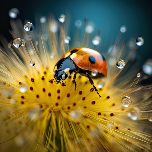 Foto primo piano di una coccinella sul fiore