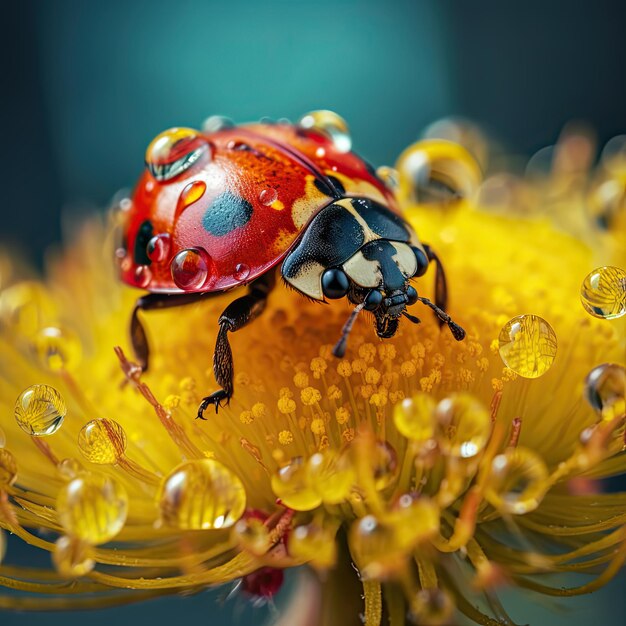 Foto primo piano di una coccinella sul fiore