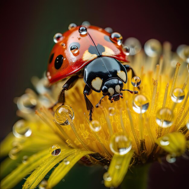 Foto primo piano di una coccinella sul fiore