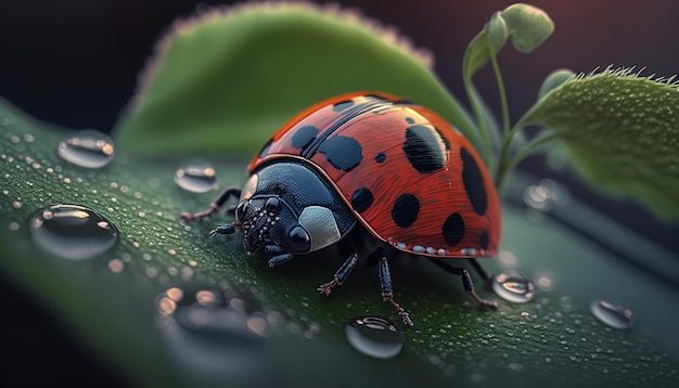 Close up of a ladybug on green leaf Generative Ai