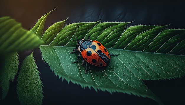 Close up of a ladybug on green leaf Generative Ai