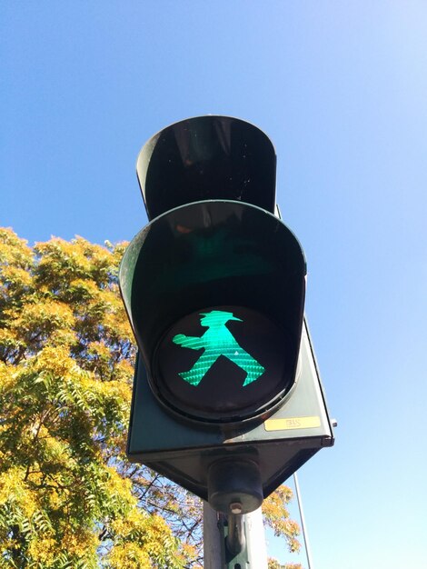 Close-up lage hoek van het verkeerslicht tegen de boom en de heldere blauwe hemel