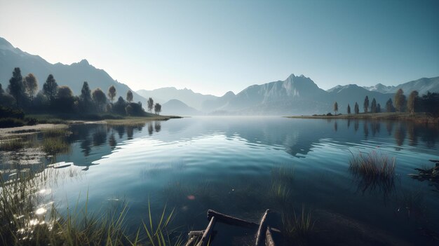 Photo close up of a lake with mountains in the distance