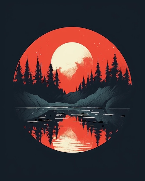 a close up of a lake with trees and a full moon generative ai