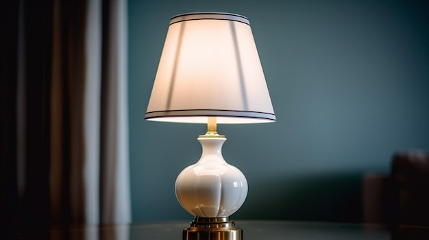 A close up of a lamp with a white shade