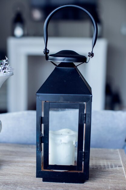 close-up of lantern on table