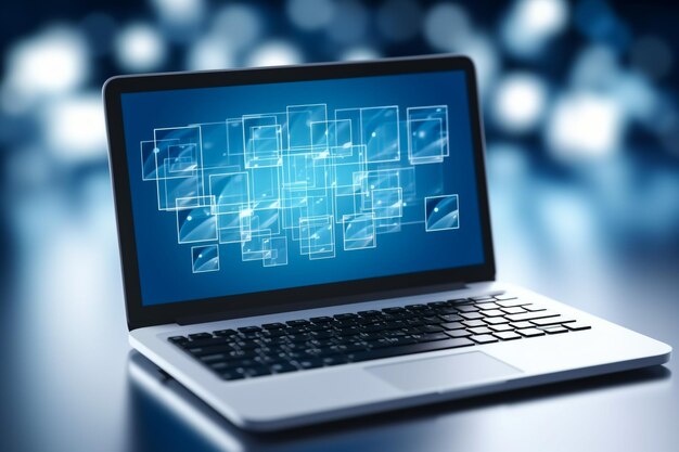 Foto close up del computer portatile sulla scrivania con icone luminose di lettere e-mail sullo sfondo sfocato