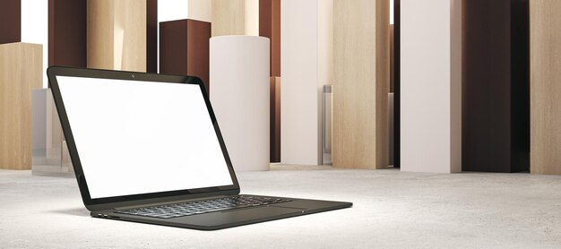 Close up of laptop computer in spotlight and with empty white mock up display placed on abstract geometric background Product and device presentation concept 3D Rendering