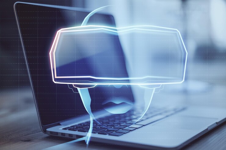 Photo close up of laptop computer with abstract hologram of digital head with vr glasses on blurry background virtual reality and technology concept double exposure