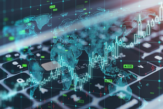 close up of laptop computer with bank card on keyboard growing upward chart map arrows and forex graph on blurry background global trends trading and finance concept double exposure