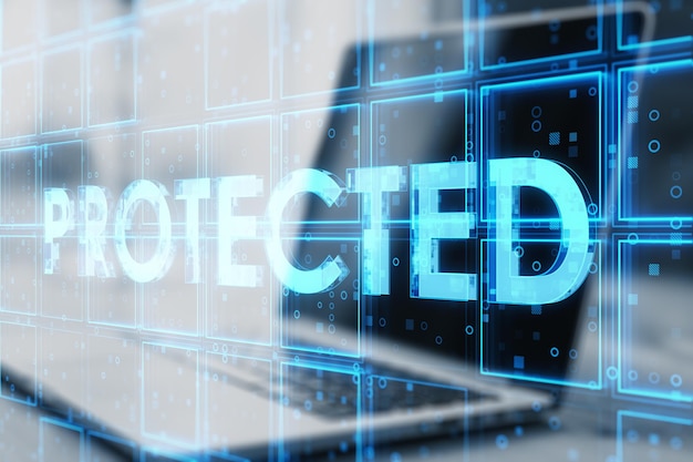 close up of laptop computer with creative blue cubes protected text hologram on blurry background technology secure and information protection concept double exposure