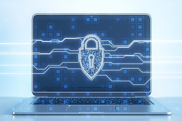 Close up of laptop computer with creative web protection sign with circuit on dark background Web safety and security shield padlock and antivirus concept 3D Rendering