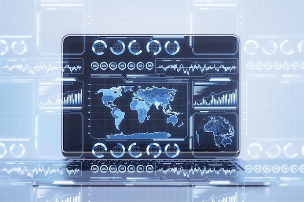 Close up of laptop computer with glowing digital business charts and map interface on blurry light background Military control warfare and spy concept 3D Rendering