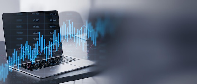 Close up of laptop computer with glowing upward business chart on blurry wide perspective background with mock up place Trade finance and stock market concept Double exposure