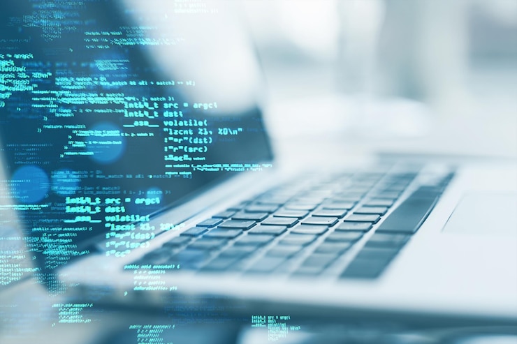 Photo close up of laptop on desk with creative coding html language on blurry background web developer and programming concept double exposure