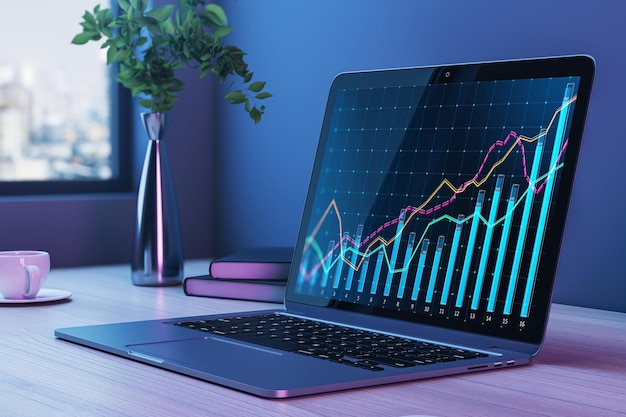 Close up of laptop on desk with growing business chart grid and other items Corporate growth plan and company development concept 3D Rendering