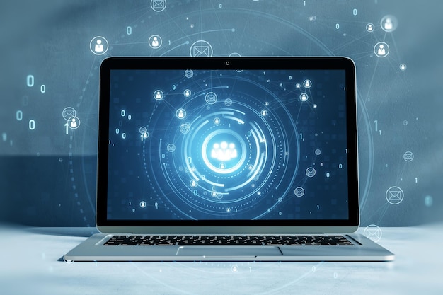 Close up of laptop on desktop with glowing people icons Creative global structure networking and data exchanges customer connection hologram on blurry background 3D Rendering