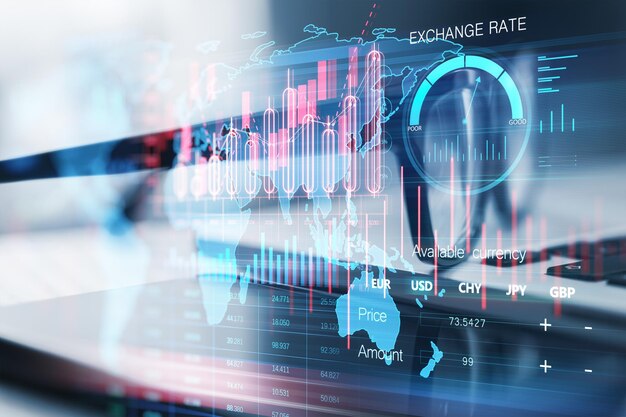 Close up of laptop keyboard glasses and cellphone with creative global forex chart on blurry background Concept of stock market and financial success Double exposure