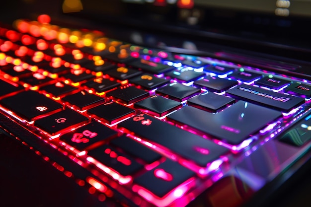 a close up of a laptop keyboard with colorful lights on it