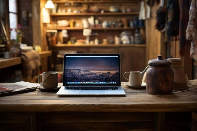 Close up of laptop and office supplies on wooden desk