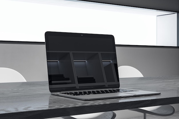 Photo close up of laptop screen with reflections on wooden office desk workplace and technology concept 3d rendering