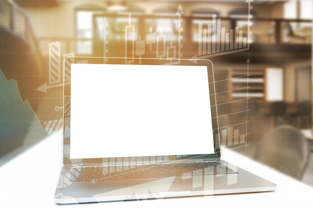 Close up of laptop in sunlit restaurant