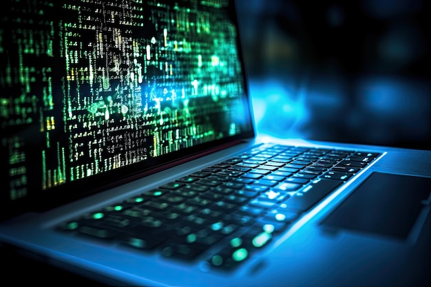 close up of laptop with binary code on screen 3d rendering coding programming developing typing script source languages symbols project data showing in screen close up ai generated
