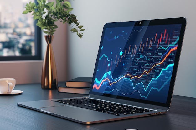 Close up of laptop with blue crisis business and forex chart at workplace with vase coffee cup and window with city view Downward trend and financial downfall concept 3D Rendering