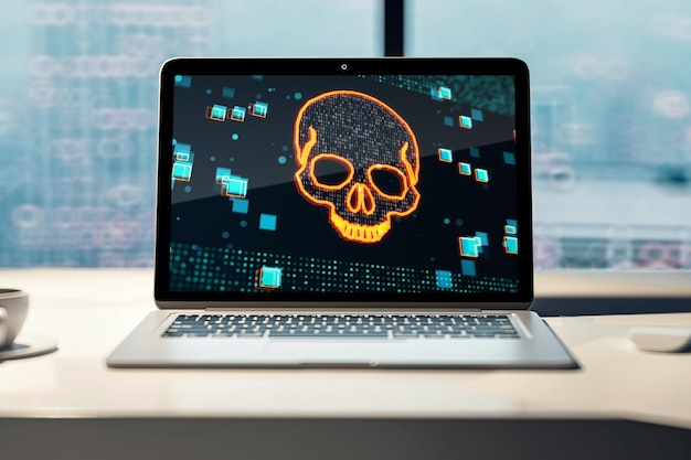 Close up of laptop with digital binary code skull on screen Blurry window with city view in the background Hacking piracy malware and data theft concept 3D Rendering