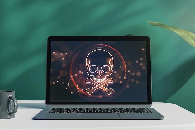 Close up of laptop with digital red skull on screen placed on desktop and chalkboard wall background Ransomeware virus and pirate threat concept 3D Rendering