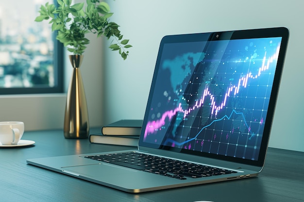 Close up of laptop with forex chart on screen placed on wooden office desk with coffee cup books and vase Window with city view Trade finance and growing market concept 3D Rendering