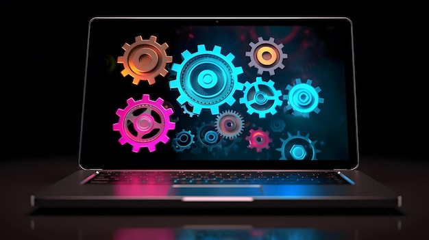 a close up of a laptop with gears on the screen Generative AI