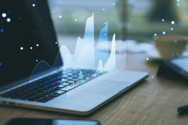 Крупный план ноутбука со светящимся бизнес-графиком на размытом фоне рабочего стола Анализ торговли и финансовой концепции 3D рендеринг