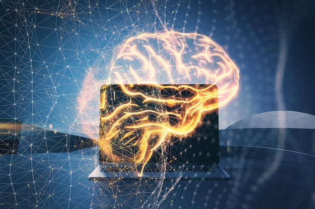 Photo close up of laptop with glowing digital polygonal mesh brain hologram on blurry background the concept of intelligence brain work thought process double exposure