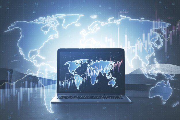 Photo close up of laptop with glowing map and forex chart hologram on blurry background finance statistics and data analytics stock exchange market investment finance and trading double exposure