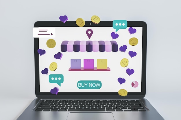 Foto primo piano del laptop con icone dello shopping online concetto di e-commerce e acquisto rendering 3d