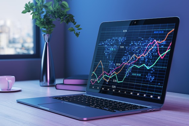 close up of laptop at workplace with glowing forex chart on blurry background with city view coffee cup plant and other items crisis and stock market fall concept 3d rendering